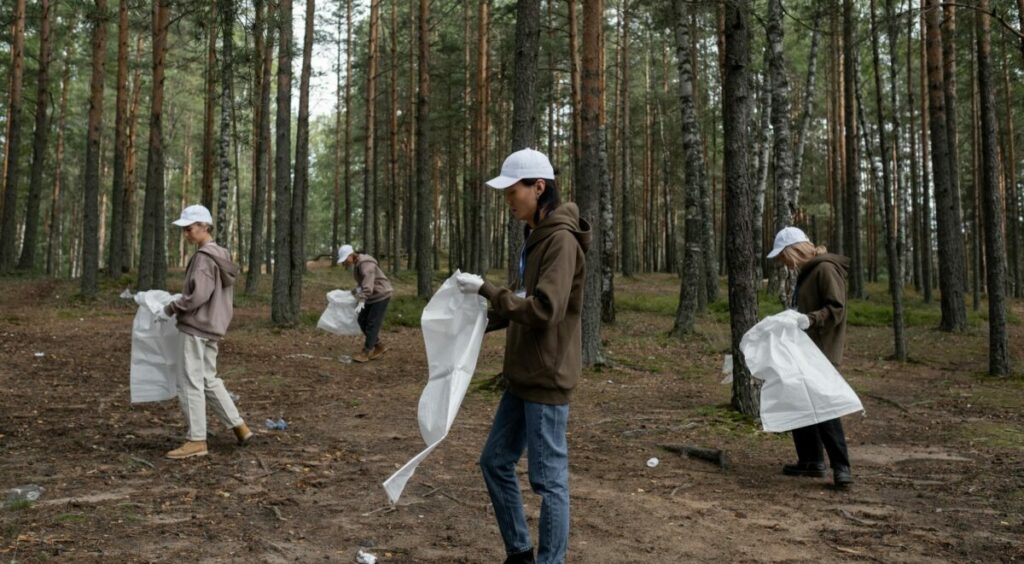 Collaborateurs en équipe lors d’un plogging en marchant