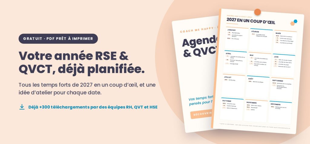 Calendrier RSE & QVCT 2027 Coach Me Happy : vue annuelle et couverture