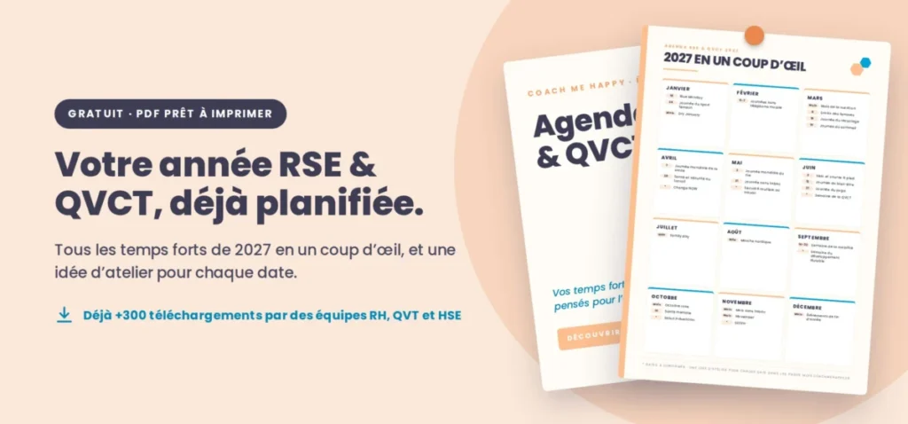 Calendrier RSE & QVCT 2027 Coach Me Happy : vue annuelle et couverture